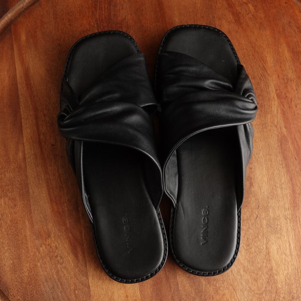 Vince Sandals Womens SZ 8 BLK Leather Slide Minimalist Coastal Flat Resort Shoes - Picture 8 of 14